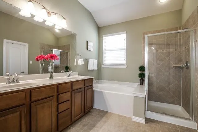 a bathroom with a tub sink mirror and a shower