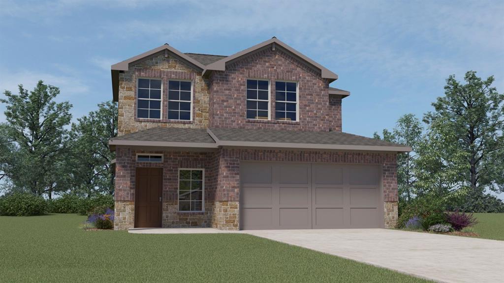 643 Joseph Road Pilot Point, TX 76258 - Photo 1 of 1 View of front of house featuring a garage, driveway, stone siding, a front lawn, and roof with shingles