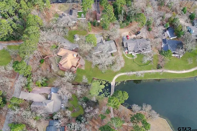 an aerial view of a house with a yard and large trees