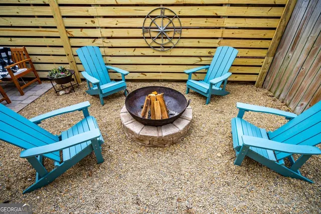 a outdoor space with wooden benches