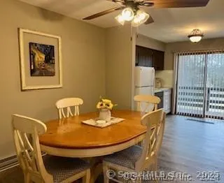 a view of a dining room with furniture