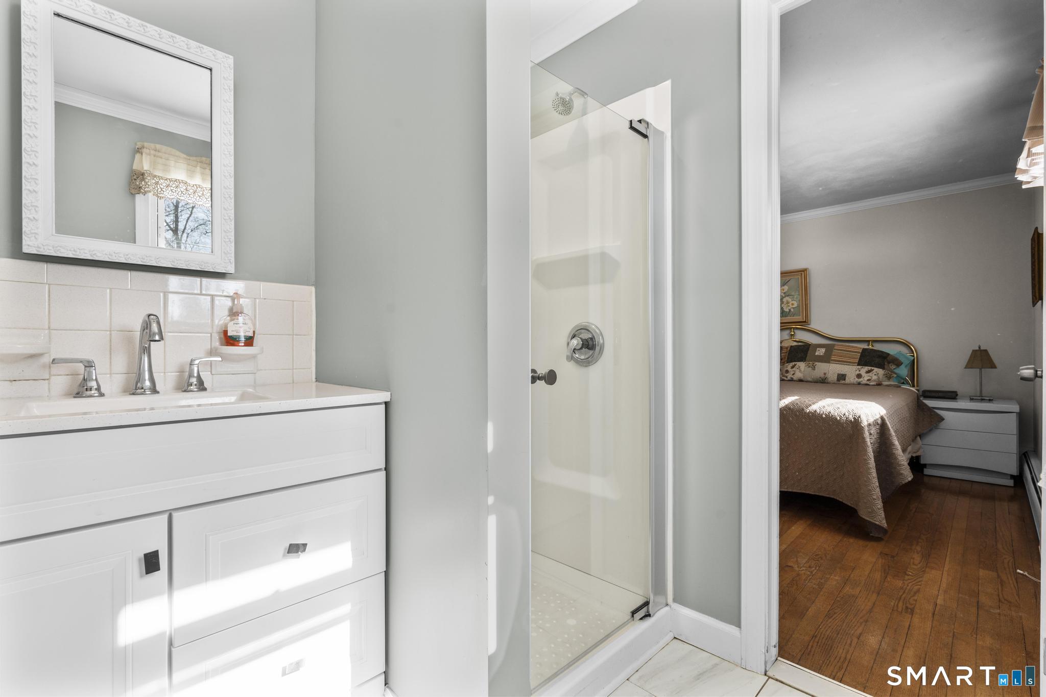 60 Quail Trail Trumbull, CT 06611 - Photo 32 of 37 a en suite bathroom with a shower a sink and a mirror