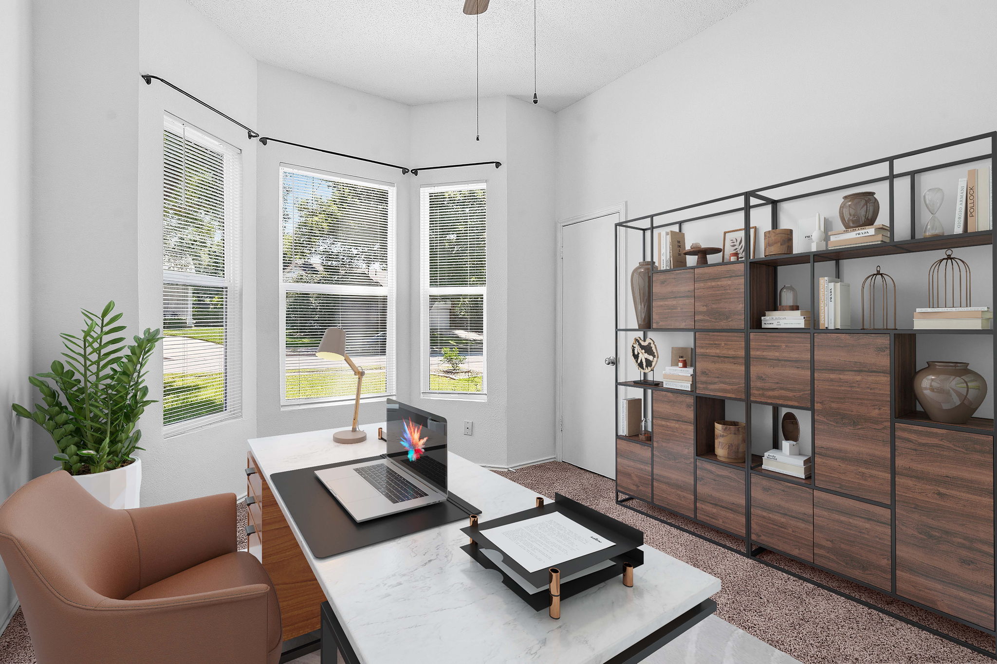 14818 Yellowleaf Trail Austin, TX 78728 - Photo 14 of 26 Bay window with white blinds, white walls, and a built-in shelving unit with wood-finish cabinetry
