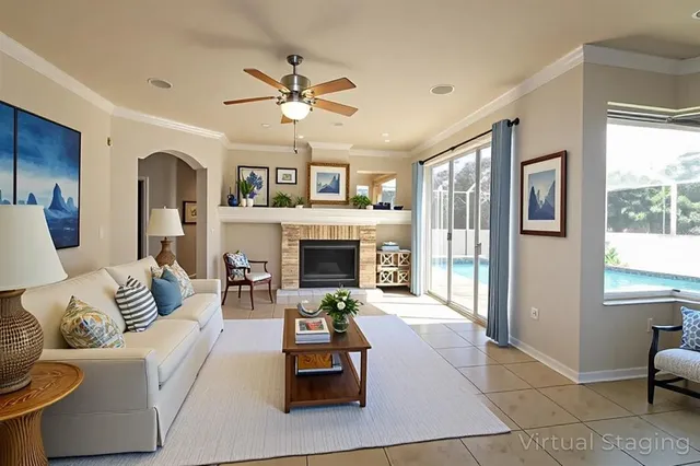 a view of an empty room with a fireplace and a window