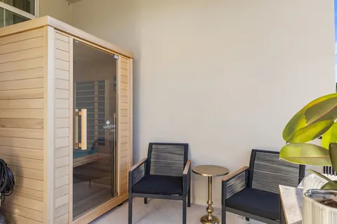 a view of a hallway with a workspace