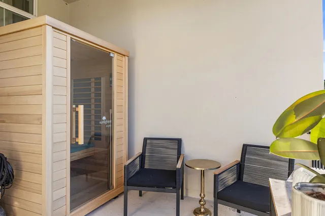 a view of a hallway with a workspace