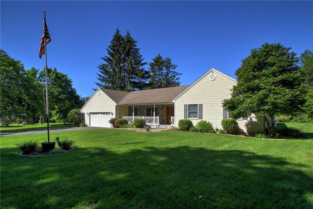 a view of a house with a big yard potted plants and large tree