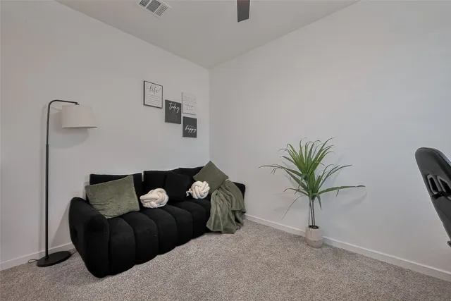 a living room with furniture and a potted plant
