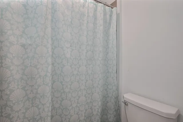 a white toilet sitting next to a shower curtain