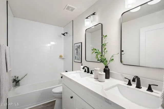 a bathroom with a sink a toilet and a mirror