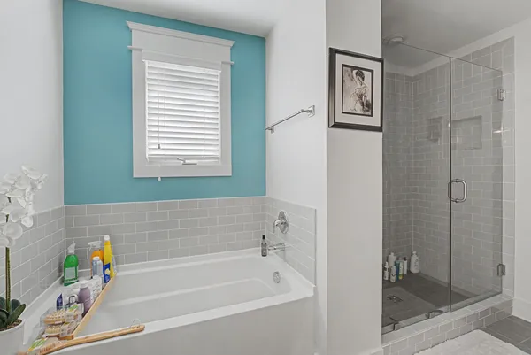 a bathroom with a bathtub and a shower