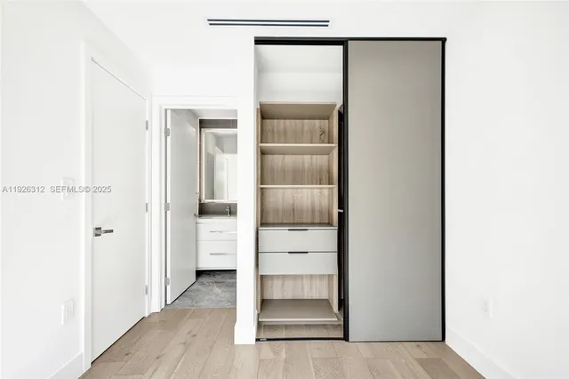 a view of a yard with plants and a large tree