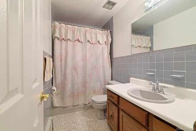 a bathroom with a sink toilet a mirror and shower curtain