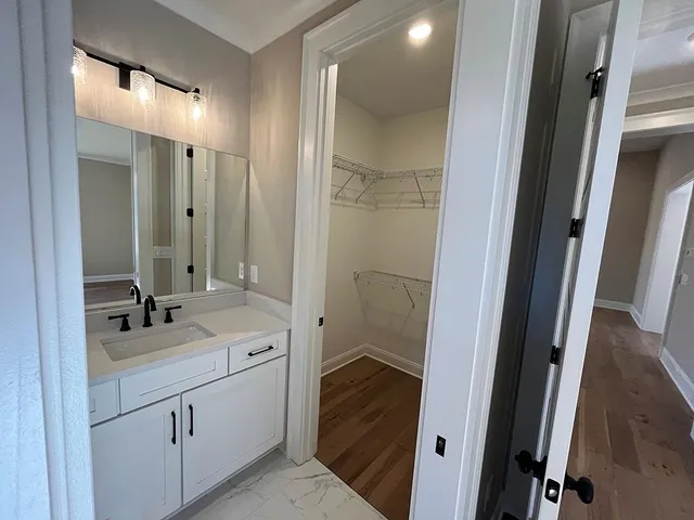 a bathroom with a sink a mirror and a shower