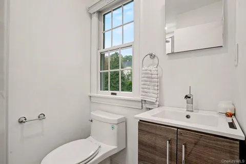 a bathroom with a sink a toilet and a mirror