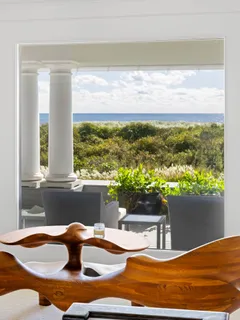 a view of a balcony with lake view and a potted plant