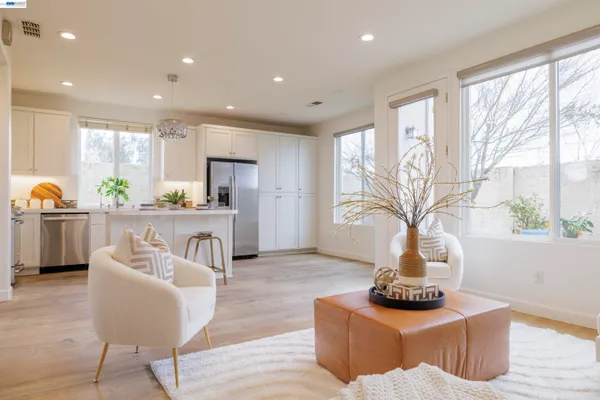 a living room with furniture potted plant and a large window