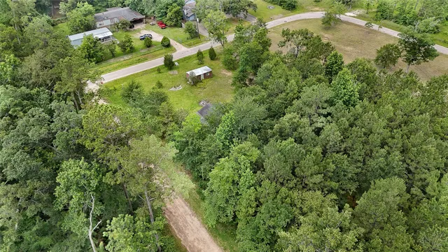 an aerial view of residential houses with outdoor space and trees