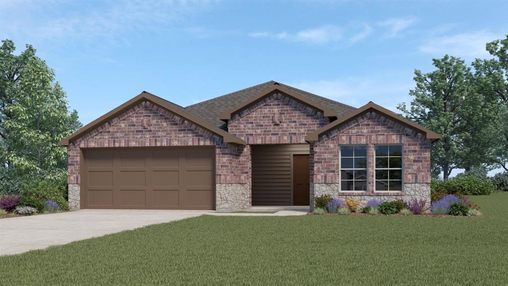 3100 Charleston Drive Ennis, TX 75119 - Photo 1 of 23 Brick and stone facade with a brown garage door, twin front windows, and a landscaped foundation planting area