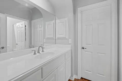 a bathroom with a sink and a mirror