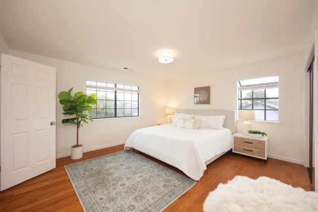 a bedroom with a bed plant and a window