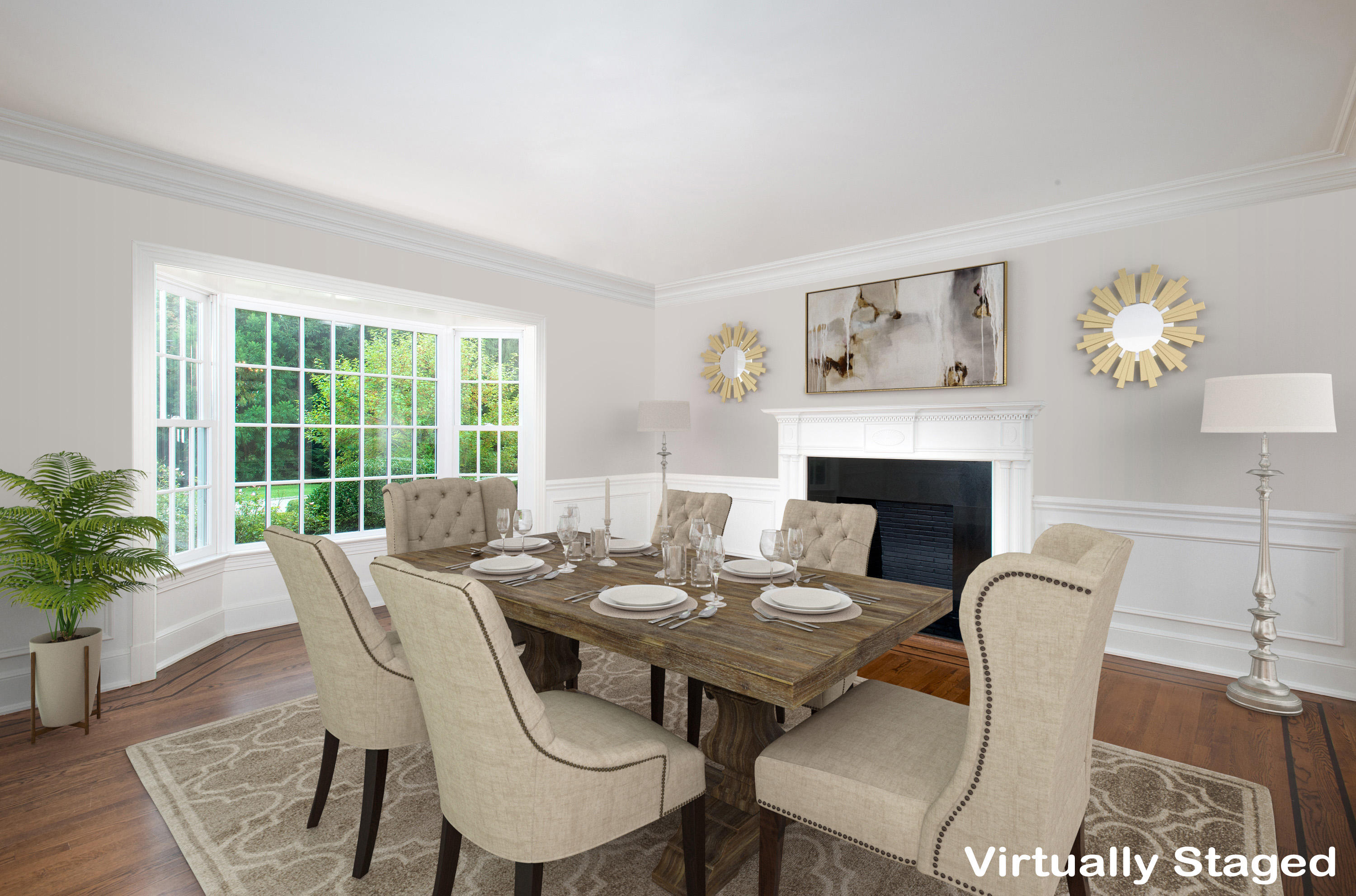 399 Wahackme Road New Canaan, CT 06840 - Photo 8 of 35 a dining room with furniture a large window and a fireplace