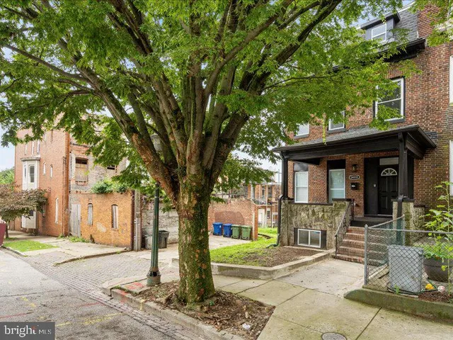 a front view of a house with a tree