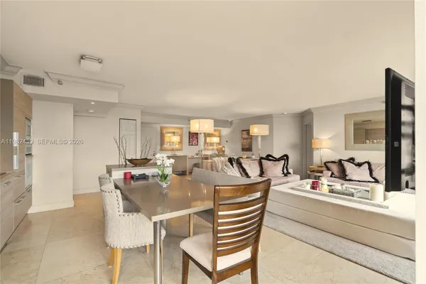 a view of a dining room with furniture