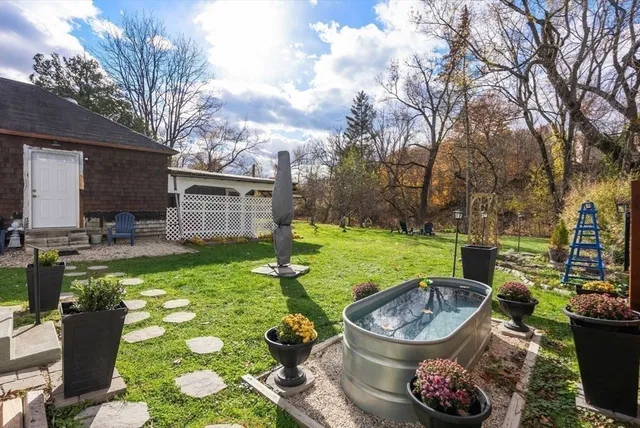 a view of a park with large trees