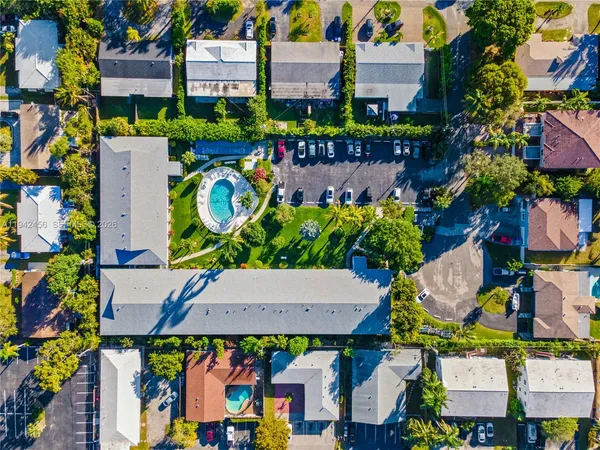 an aerial view of an buildings and street