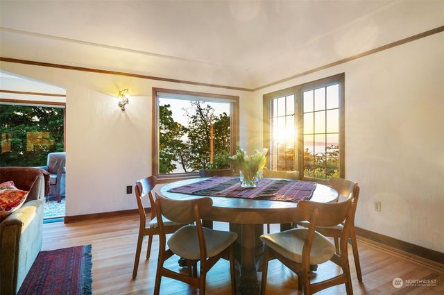 a view of a dining room with furniture window and wooden floor
