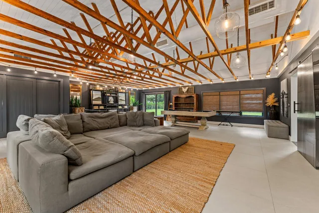 a view of a park with large trees