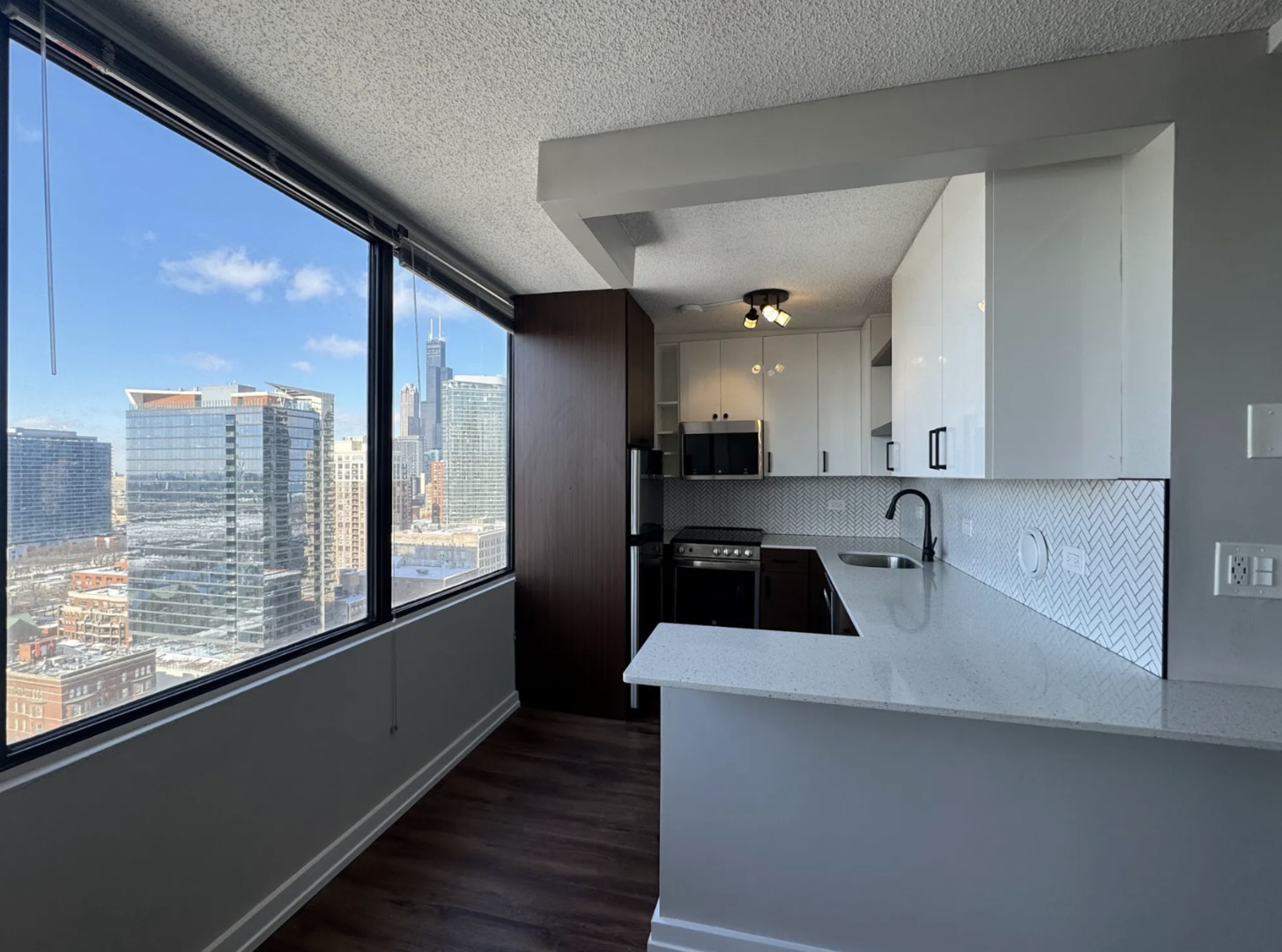 1212 South Michigan Avenue, Unit 2711 Chicago, IL 60605 - Photo 5 of 6 a kitchen with kitchen island a sink appliances and a large window