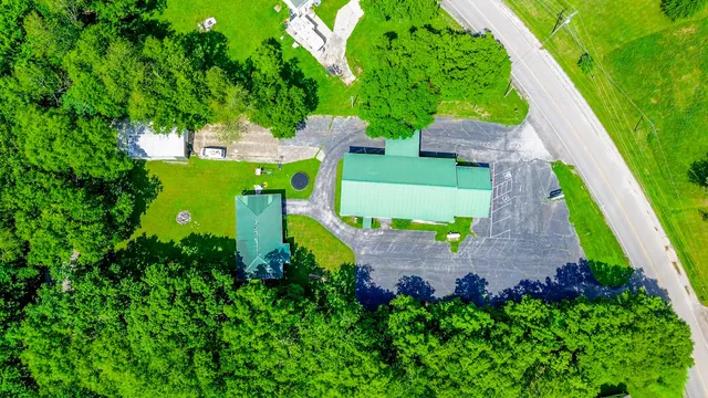 an aerial view of green landscape with trees houses and mountain view