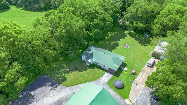 an aerial view of residential houses with outdoor space and trees