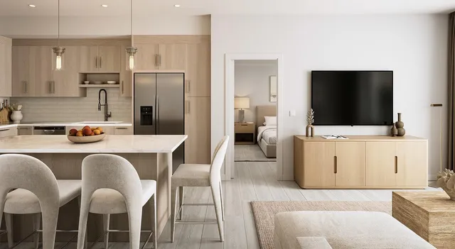 a living room with kitchen island furniture and a flat screen tv