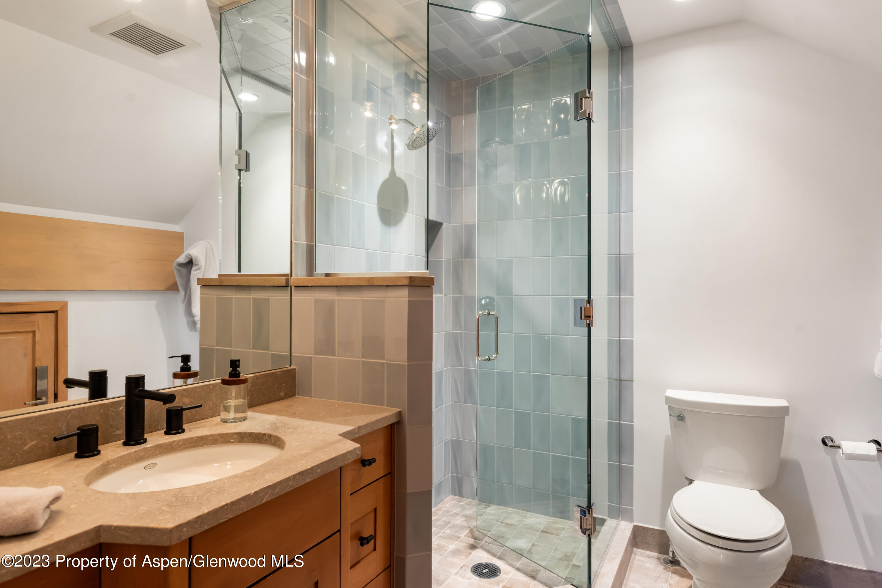 970 Powder Lane Aspen, CO 81611 - Photo 38 of 68 a bathroom with a granite countertop sink a toilet a mirror and shower