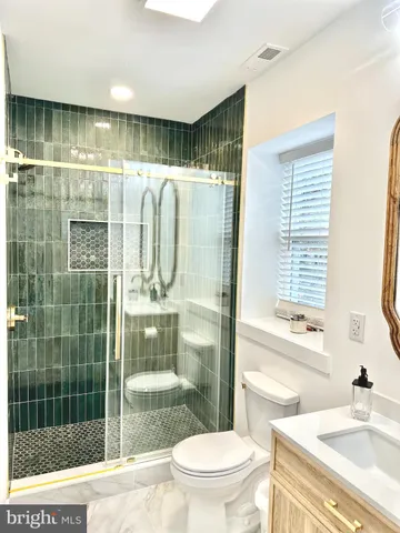 a bathroom with a shower toilet and sink