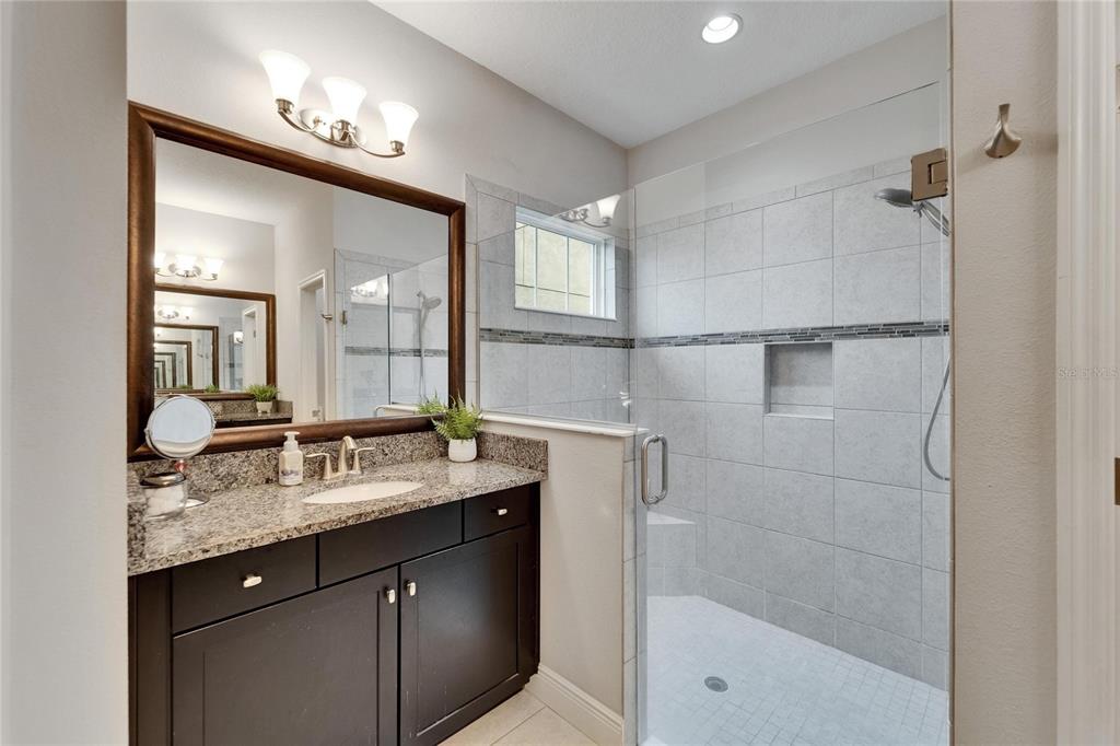 6127 Colmar Place Apollo Beach, FL 33572 - Photo 49 of 72 a bathroom with a granite countertop sink a mirror and shower