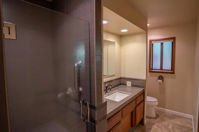 a bathroom with a sink a toilet and shower