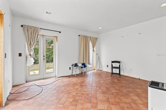 a view of a room with blue walls