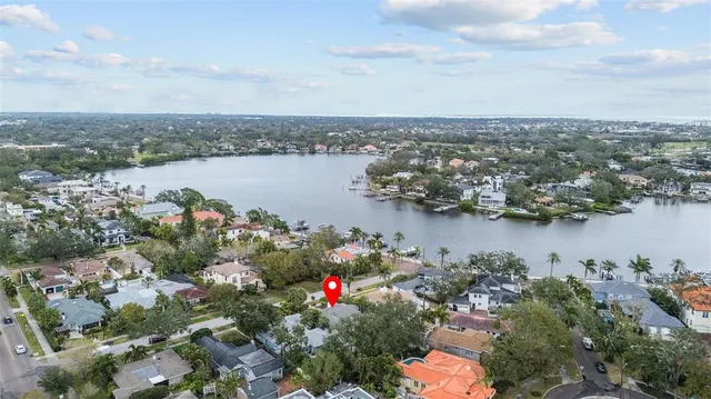 a view of a lake with a city