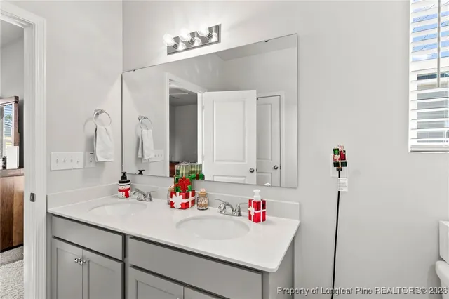a bathroom with a sink vanity and a mirror