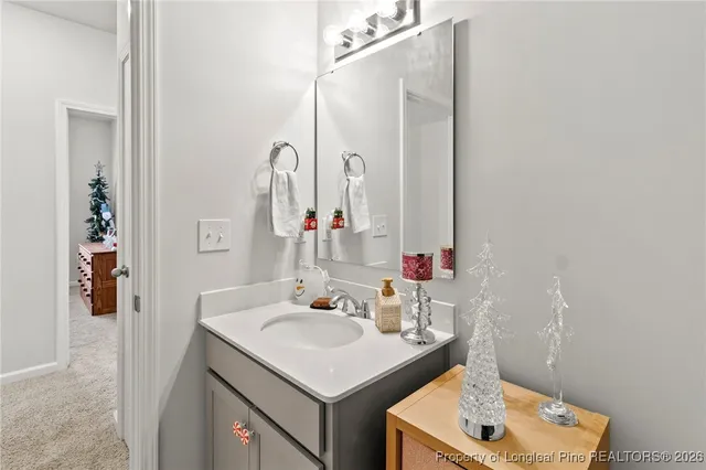 a bathroom with a sink vanity and a mirror