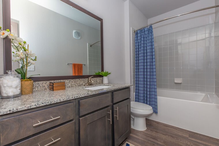 9393 Fm 1960 Bypass Road West, Unit 7301 Humble, TX 77338 - Photo 16 of 28 a bathroom with a granite countertop sink a toilet a mirror a bathtub and shower