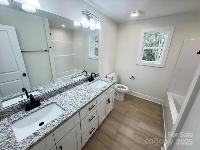 a bathroom with a granite countertop double vanity sink a toilet and a mirror