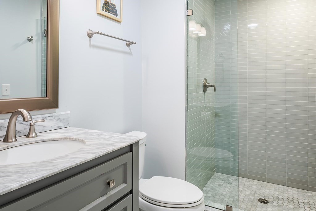 177 Winthrop Road, Unit 1 Brookline, MA 02445 - Photo 7 of 9 a bathroom with a granite countertop sink a toilet a mirror and shower