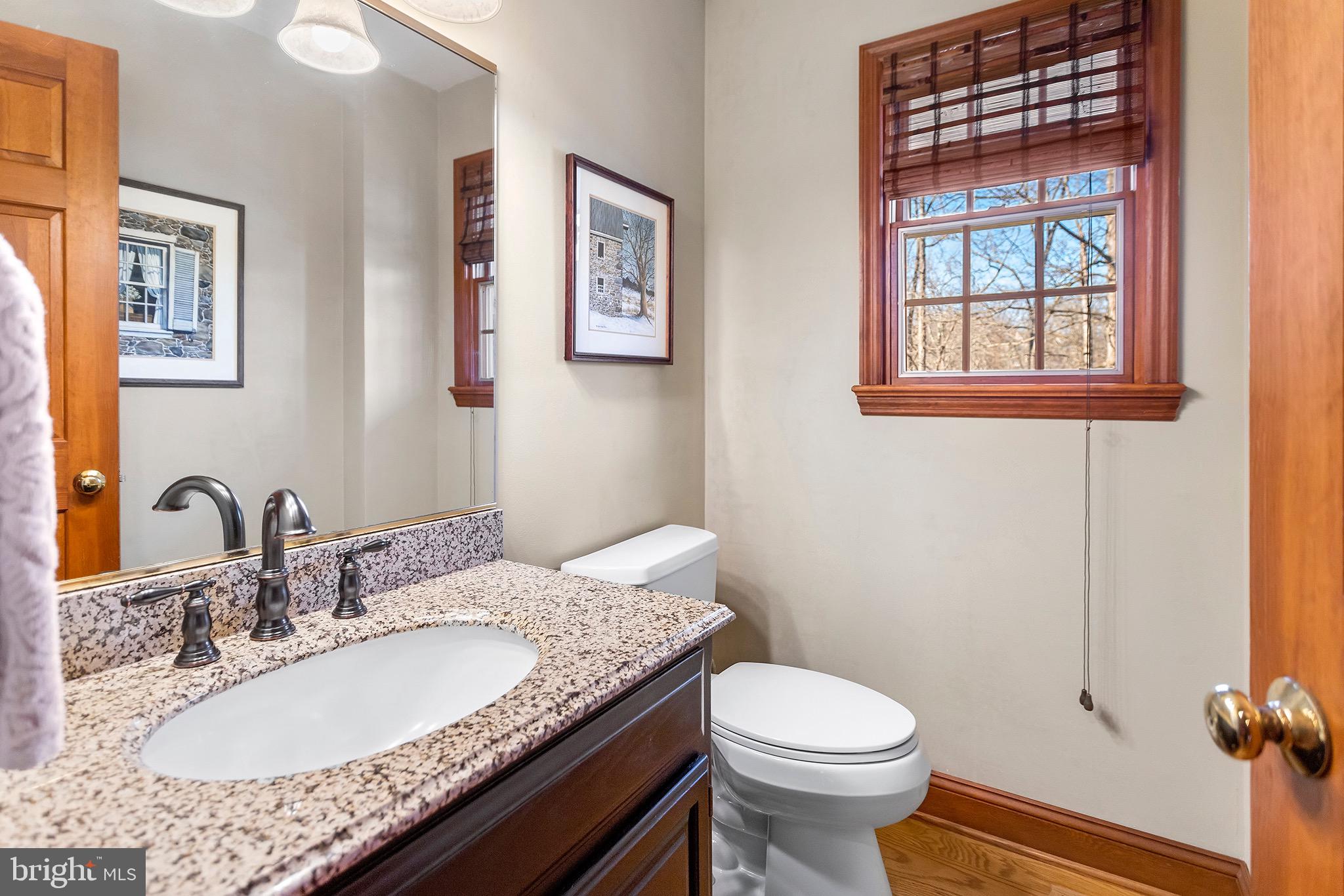 1310 Stackhouse Mill Road Newtown Square, PA 19073 - Photo 7 of 40 a bathroom with a granite countertop toilet a sink and a mirror