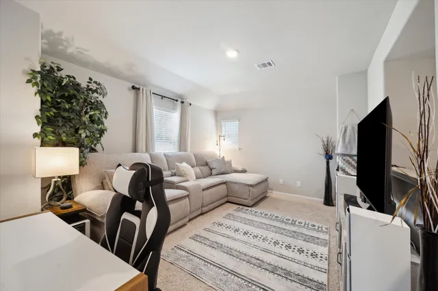 a living room with furniture a flat screen tv and a potted plant