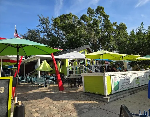 a view of a park with large trees